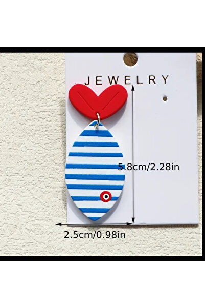 MODA Kırmızı Kalp ve Mavi-Beyaz Çizgili Balık Tasarım Küpe – 5.8x2.5 cm