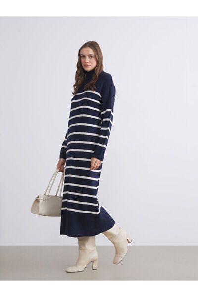 LC Waikiki Ecru Stand Collar Striped Knitwear Dress