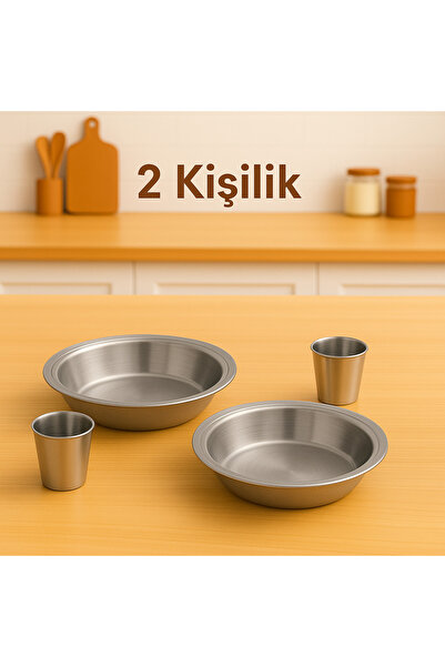 Metler 20 Cm Paslanmaz Çelik Tabak + Paslanmaz Çelik Bardak | 2 Kişilik Kamp,...