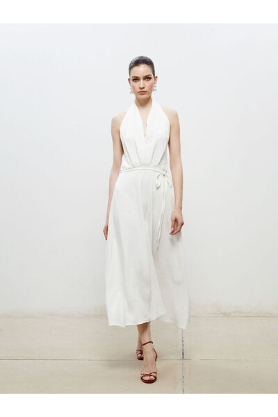 LC Waikiki Ecru Halter Neck Belted Satin Dress