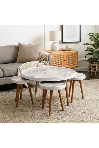 Vi Markets Five-seater table sets - round wood - marble-like surface