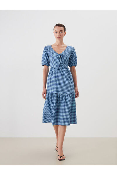 LC Waikiki Navy Blue Tie Collar Plaid Fold Dress