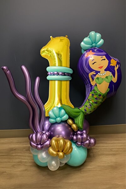 PARTİAVM 1 Year Old Mermaid Tail Seashell 76cm Gold Gold Number Balloon Mermaid Mermaid Concept