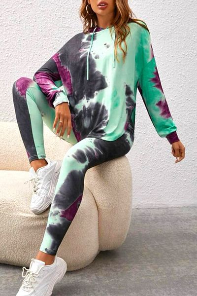 FashionForYou Fussion sports suit, with pastel print, tights and long hoodie, Green, S