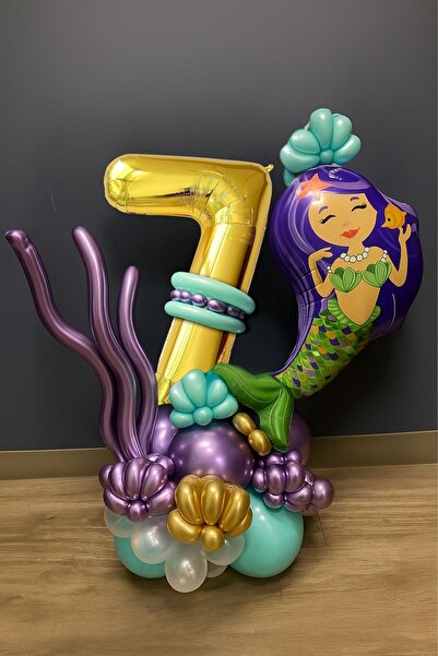 PARTİAVM 7 Years Old Mermaid Tail Seashell 76cm Gold Gold Number Balloon Mermaid Mermaid Concept