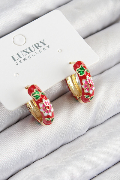 STİLLOVE Brass Gold Color Red Flower Processing Enamel Women's Earrings