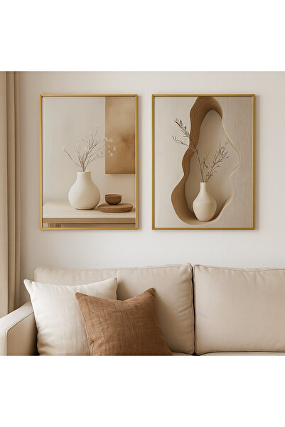 seninürünün Stillness Botanik - Gerçek Cama Baskı Gold Alüminyum Metal Çerçeveli 2'li Modern Tablo