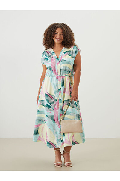 LC Waikiki Mixed V-Neck Floral Belted Shirt Dress