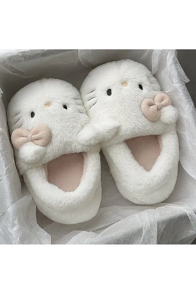 weywot Beige Hello Kitty Soft Furry Plush Slippers