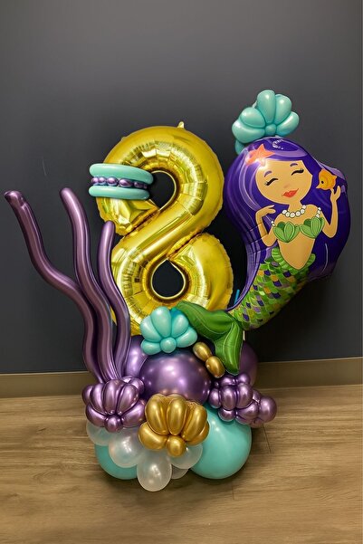 PARTİAVM 8 Years Old Mermaid Tail Seashell 76cm Gold Gold Number Balloon Mermaid Mermaid Concept