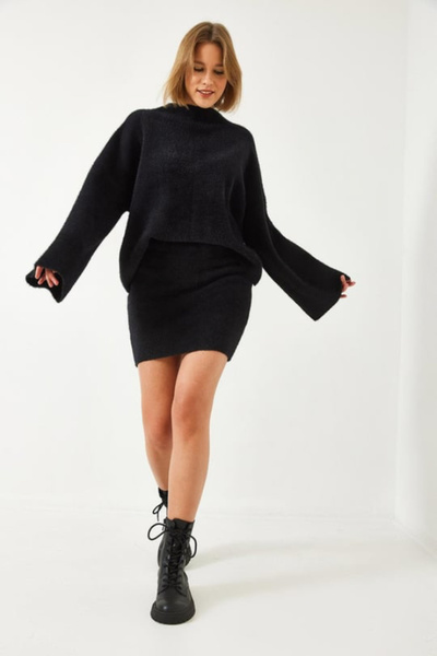 NATUFIAN STORE Women's Glittery Soft Textured Oversize Skirt Knitwear Set
