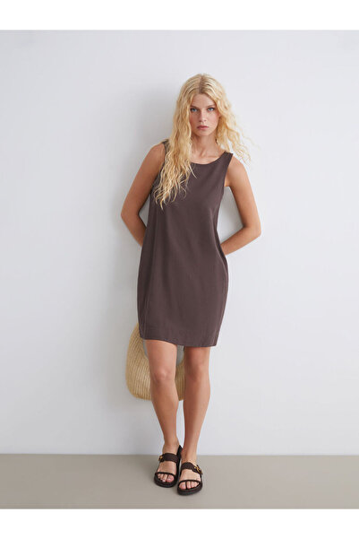 LC Waikiki New Season from Güli̇s Gi̇yi̇m Brown U-Neck A-Line Linen Blend Dress