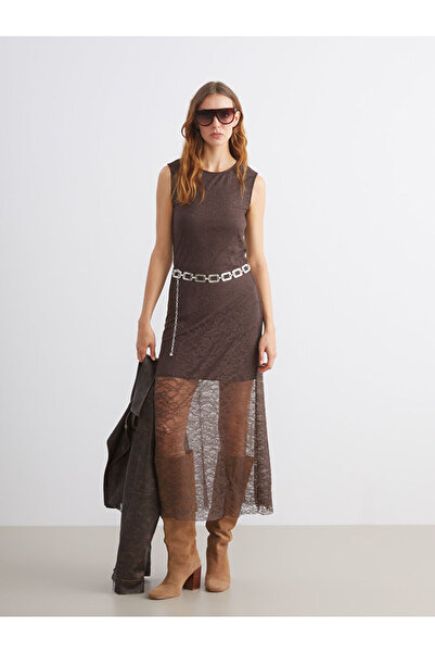 LC Waikiki Kahverengi Bisiklet Yaka Dantelli Elbise