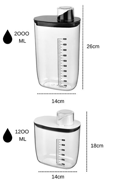 Poomy 1200 ml + 2000 ml Vakumlu ve Ölçekli Erzak Saklama Kabı 2'li Set Mutfak Düzenleyici Erzak Kabı