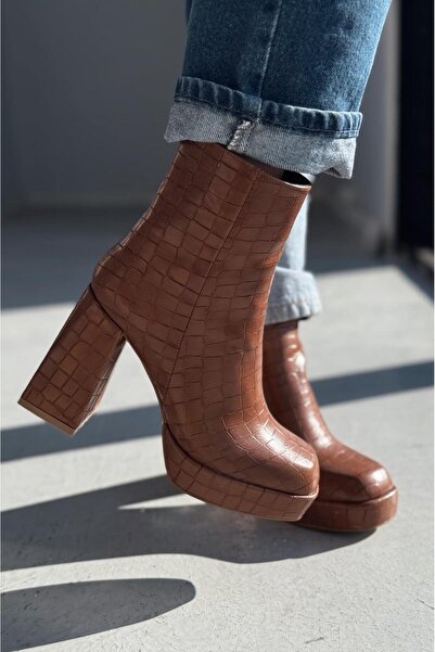 I Love Shoes Rivoks Mat Deri Desenli Platform Topuklu Bot Taba