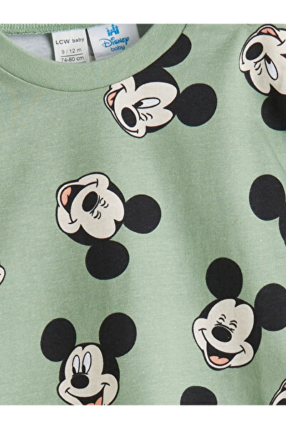LC Waikiki Yeşil Bisiklet Yaka Mickey Mouse Baskılı Erkek Bebek Pijama Takımı