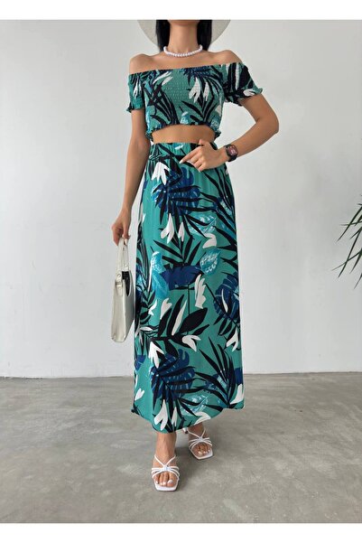 edz moda moda ve tarzın buluştuğu nokta Women's Green Woven Double Blouse-Skirt Set Trend