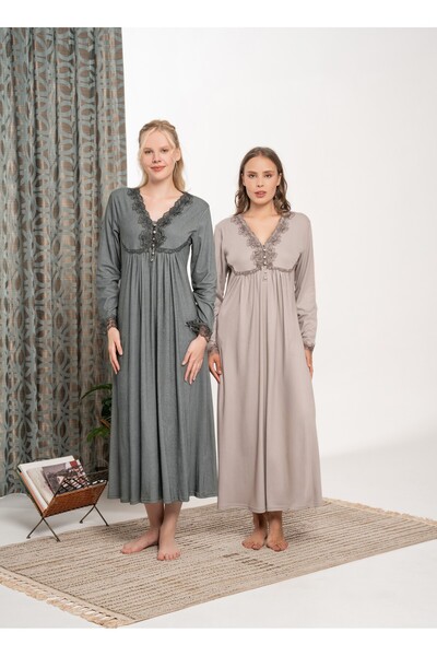 BLACKMORE Beige Sleeve and Neckline Lace Cotton Battal (Plus Size) Long Sleeve Nightgown