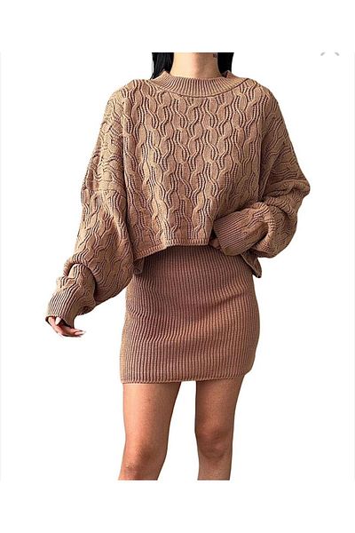 My Bee Beige set with sleeveless knitted mini dress and oversized cropped knitted sweater - one size