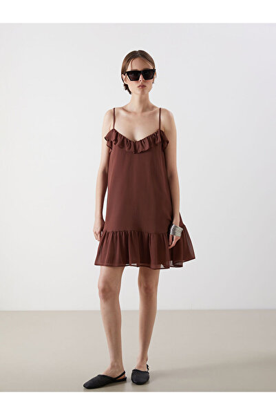 LC Waikiki Brown Square Neck Rope Strap Ruffle Chiffon Mini Dress