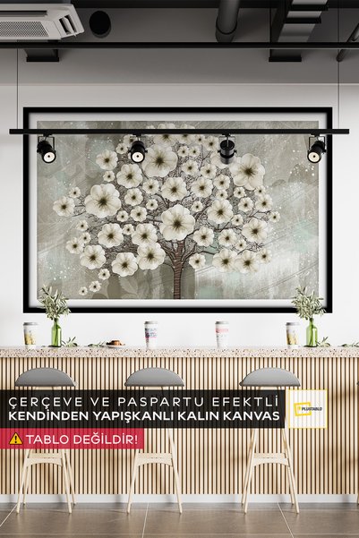 Plustablo Modern Beyaz Çiçekli Ağaç Kendinden Yapışkanlı Poster Duvar Kanvası...