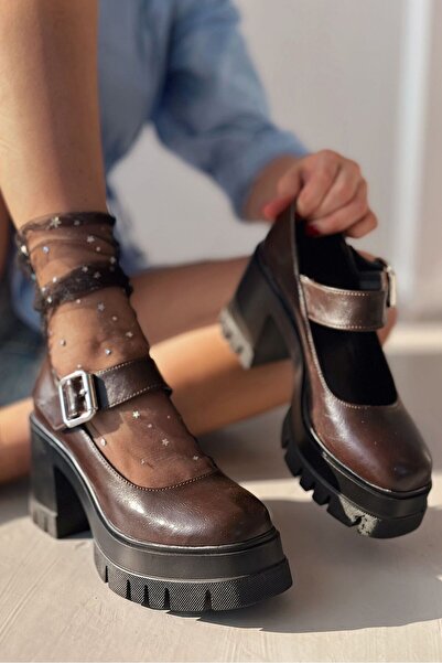 I Love Shoes Solea Kalın Taban Topuklu Mary Jane Acı Kahve Mat Deri