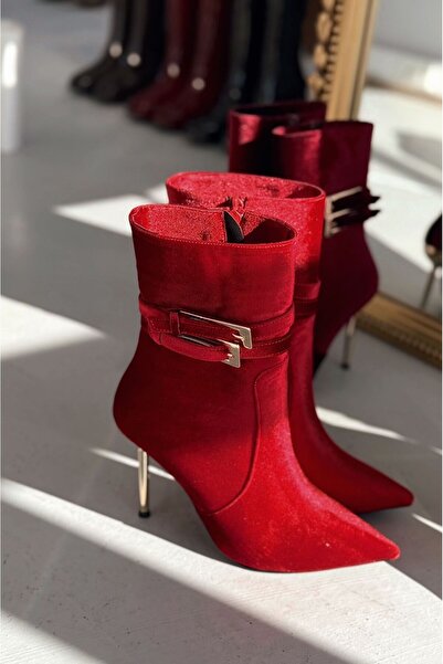 I Love Shoes Calindo Kadife Toka Detaylı Kırmızı Kadın Topuklu Bot