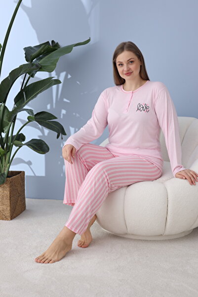 lindros أناقة بدون حدود في الراحة - طقم بيجامة من قماش الخيزران مطبوع باللون الوردي (2XL-5XL)