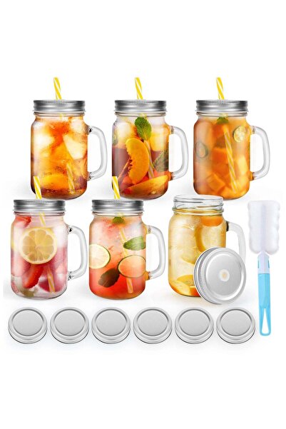 Generic 16oz Glass Mason Jar Set of 6 with Lids and Straws - Mason Jars with ...