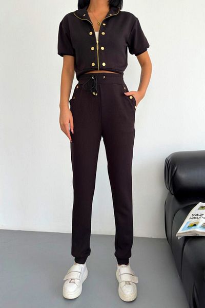 FashionForYou NonCom casual set, loose short-sleeved blouse and drawstring pants, Black, S
