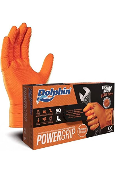 AyrStore Dolphin Powergrip Ekstra Kalin Turuncu Nitril Eldiven (50 Adet/Kutu)