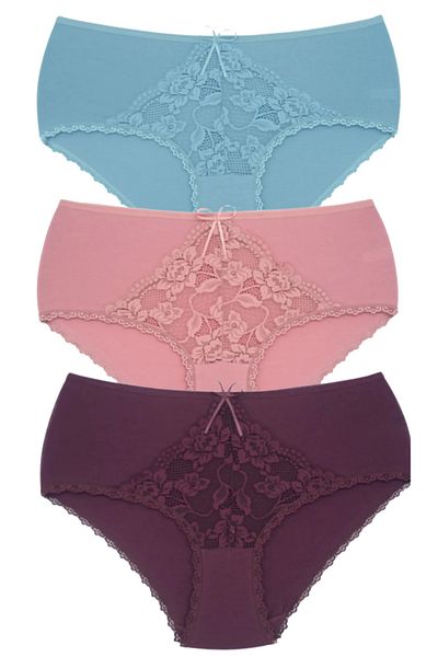 Bleu Petite 3-Piece Assortment Color Cotton Lace Detailed High Waist Large Size Women's Panties