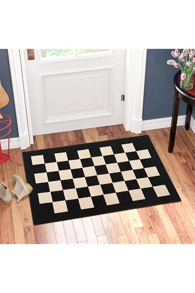 Generic BOVEU Indoor Door Mat Front Door Mat, 20"x 32" Checkered Geometric Doormat Black Indoor Rugs, Thin
