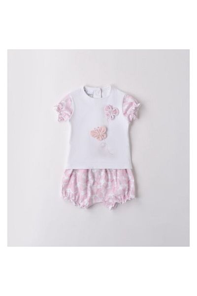 İDO I Do, Girls' Butterfly Print T-Shirt and Bermuda Shorts Set, White, Pink, 68 CM