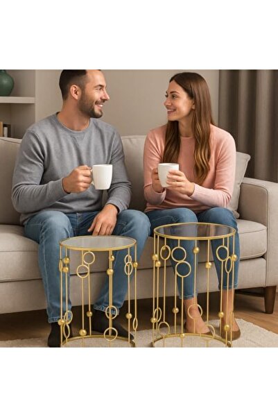 genric FFD Gold Mirrored Nesting Side Tables Set of 2 – Geometric Metal Frame Accent Coffee Table