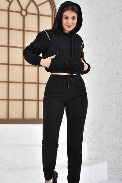 FashionForYou Women's sports suit, Zheya, pants and blouse with hood and decorative zipper, Black, M