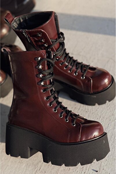 I Love Shoes Geselon Mat Deri Kalın Taban Bağcıklı Fermuarlı Bordo Kadın Bot