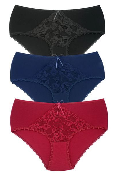 Bleu Petite 3-Piece Assortment Color Cotton Lace Detailed High Waist Large Size Women's Panties