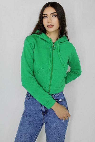 FashionForYou Adele short sweatshirt, with zipper, pockets and drawstring hood, Green, L