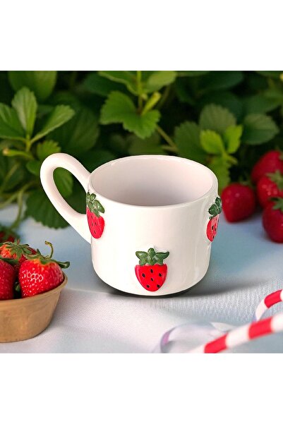 More Safe MSHANDMADE El Yapımı Seramik Çay Kahve Kupası Duble Türk Kahvesi Fincanı Kupa, Strawberry Mug