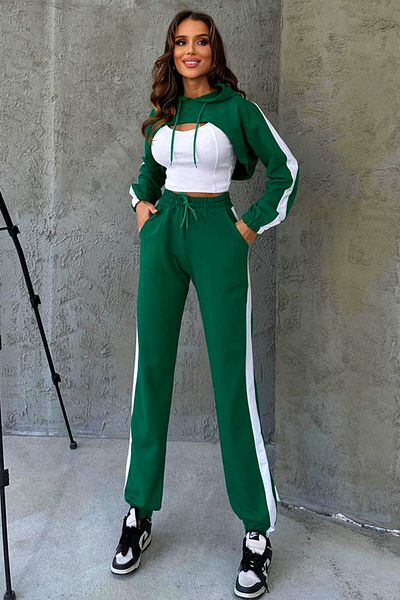 FashionForYou Bold Comfort three-piece tracksuit, cropped sweatshirt, matching top and side-stripe pants, Green, S