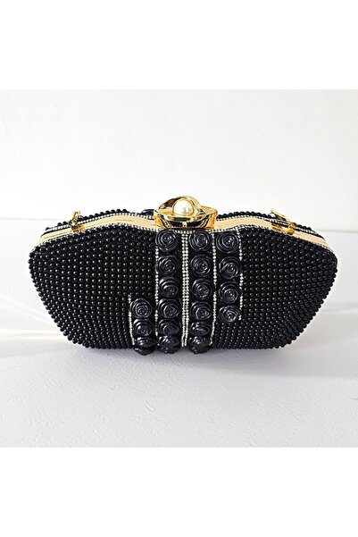 FashionForYou Τσάντα για περιστάσεις, Opulent Style, τύπου clutch, με διακοσμητικές φλοράλ και πέρλες λεπτομέρειες, μαύρη