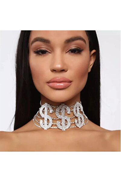 Flaner Paris Accessorize Dolar Simgeli Gümüş Renk Çok Katmanlı Zincir Choker ...