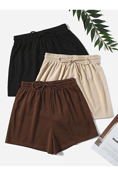 NoVibe طقم شورت نسائي قصير صيفي سادة غير مطبوع مكون من 3 قطع - شورت قصير كاجوال