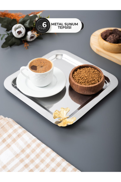 Homekolik Set of 6 Single Butterfly Square Metal Presentation Tray – Gold Detailed Coffee Side Turkish Delight/Cookie Treat Plate