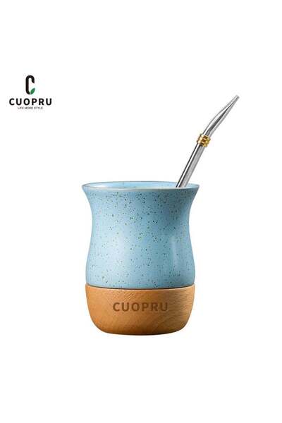 Generic Ceramic cup on wooden base with straw brush, mate tea cup, coffee cup