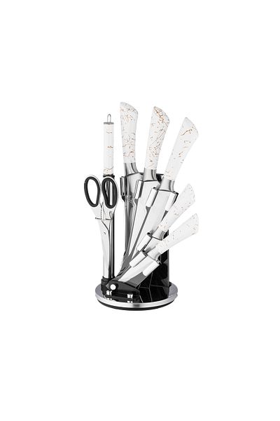 Dania 7-Piece Stainless Steel Kitchen Knife Set with Holder, White and Silver