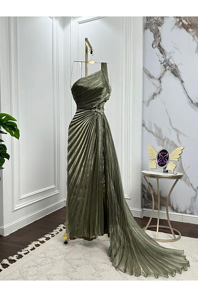 leevan fashion One-shoulder metallic olive green evening dress
