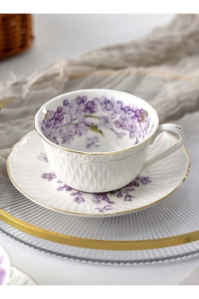 Generic 200Ml Porcelain Coffee Cup and Saucer Set - Purple Lilac Flower Patte...