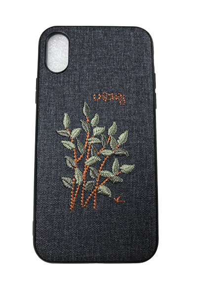 OEM Husă compatibilă cu iPhone X XS, bambus brodat pe imitație de piele, neagră